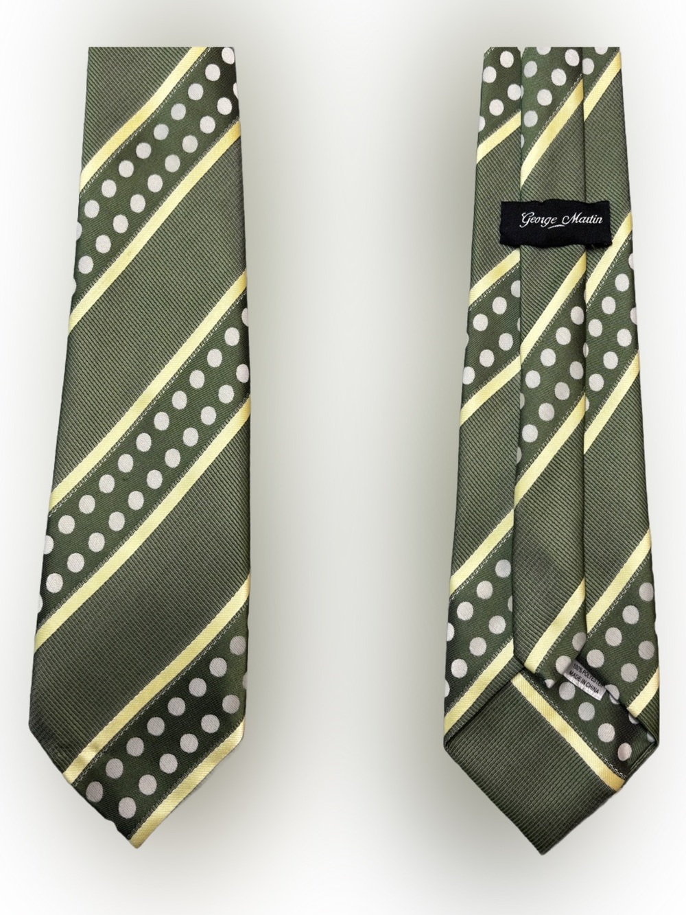 Vintage Olive Green Polka Dot & Stripe Silk Tie